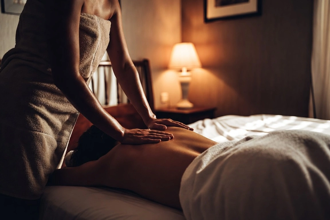 An erotic massage escort in Hong Kong working with both palms on a client's back by lamplight